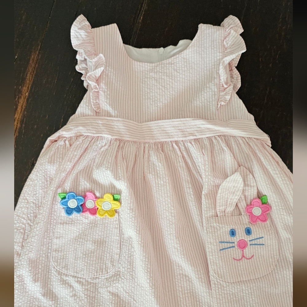 Adorable Pink Striped Dress with Bunny and Flowers